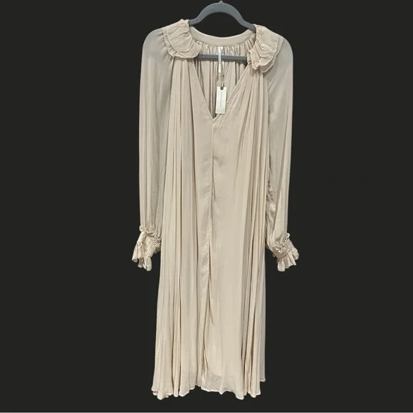NWT ANTHROPOLOGIE Long Sleeve Sheer Pleated Maxi Dress Neutral‎ XS-M - Picture 5 of 16